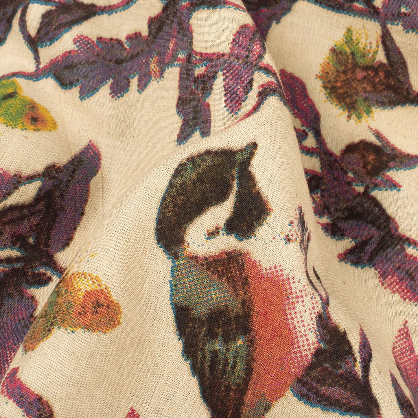 (Cut Piece 0.8 Mtr) Oat Beige And Plum Purple Floral Pattern Printed Kalamkari Cotton Fabric