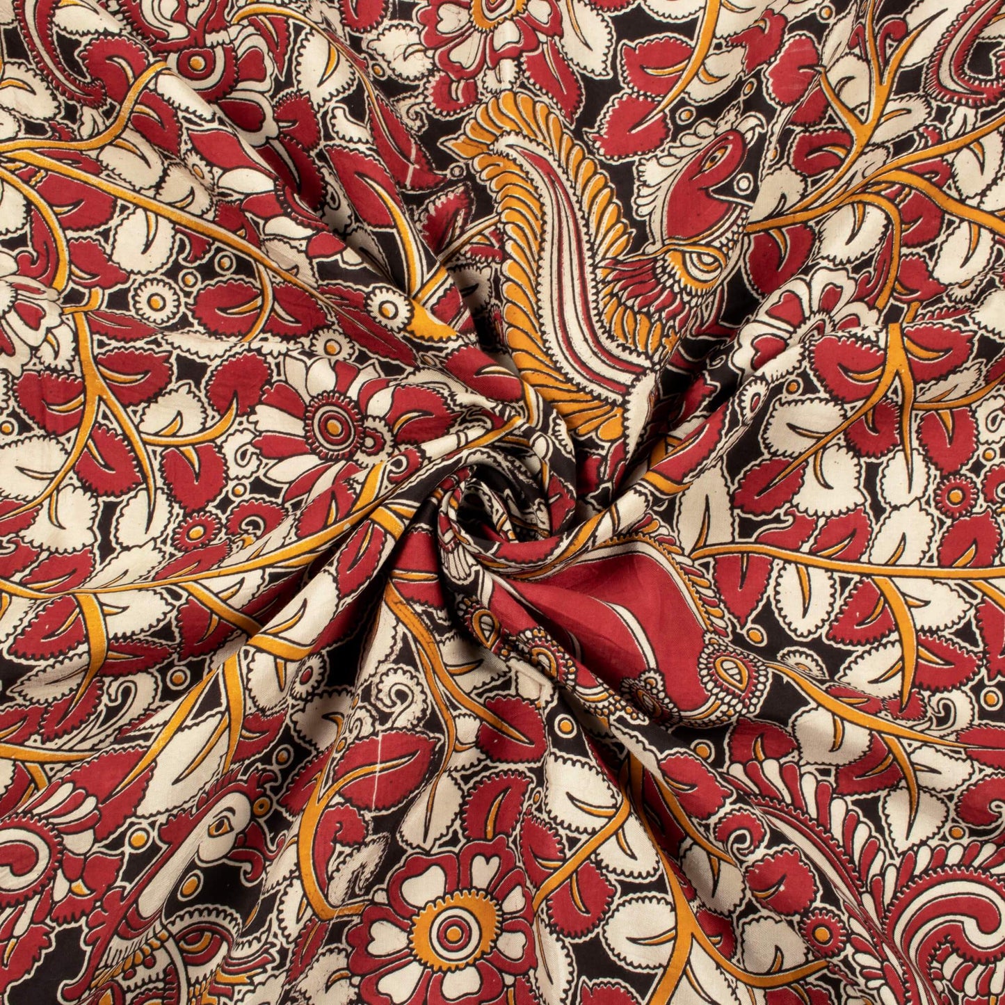 (Cut Piece 0.8 Mtr) Crimson Red And Off White Floral Pattern Printed Kalamkari Cotton Silk Fabric