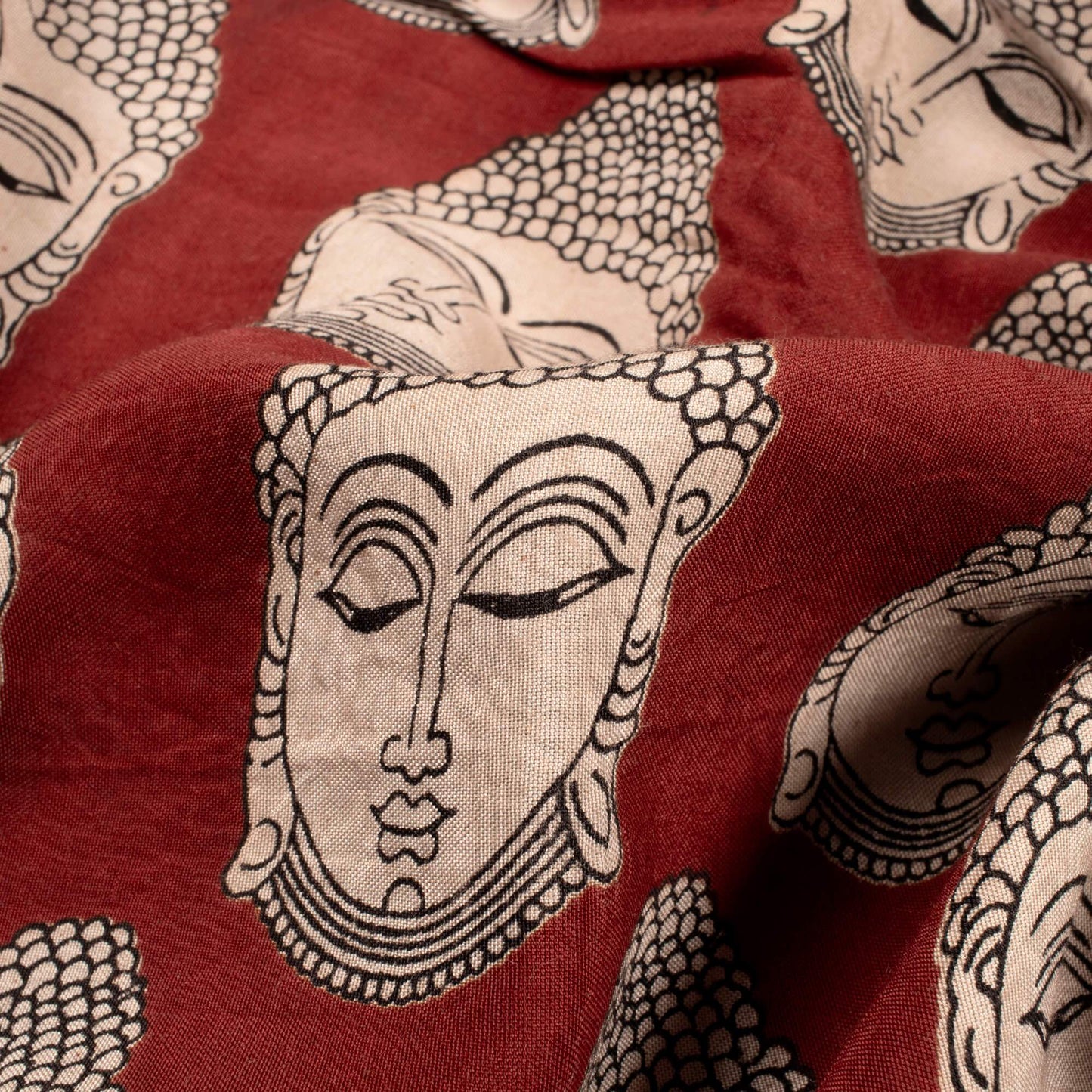 (Cut Piece 1.6 Mtr) Crimson Red And Beige Quirky Pattern Printed Kalamkari Cotton Silk Fabric