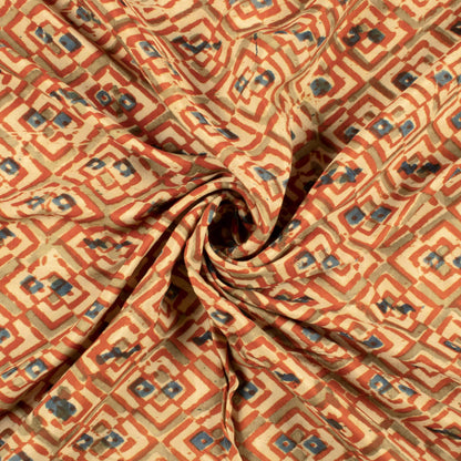 Beige And Cherry Red Geometric Pattern Handblock Kalamkari Cotton Silk Fabric