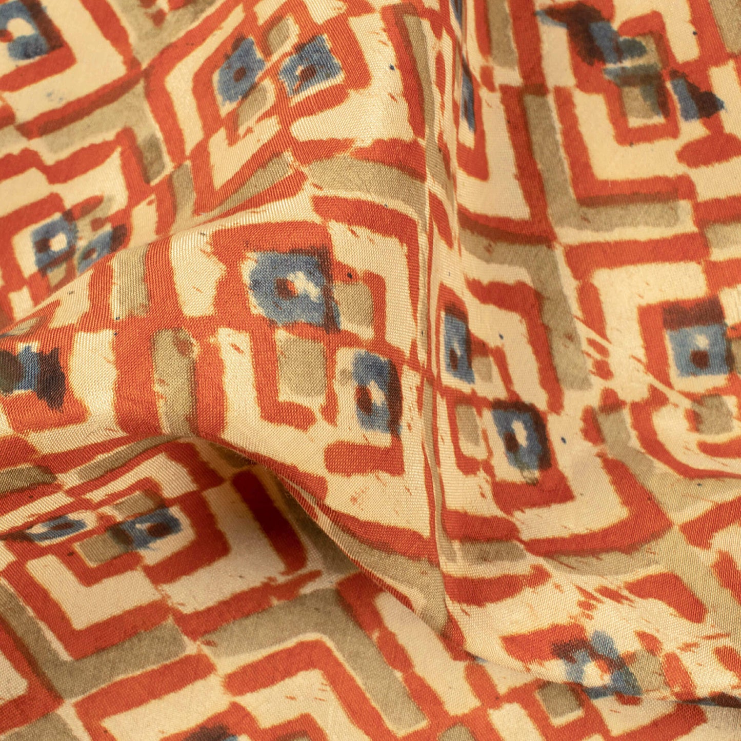 Beige And Cherry Red Geometric Pattern Handblock Kalamkari Cotton Silk Fabric