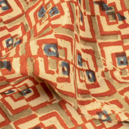 Beige And Cherry Red Geometric Pattern Handblock Kalamkari Cotton Silk Fabric