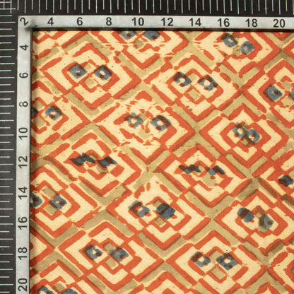 Beige And Cherry Red Geometric Pattern Handblock Kalamkari Cotton Silk Fabric