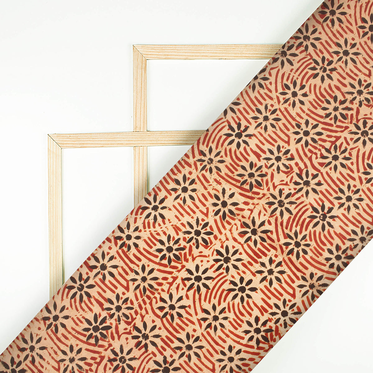 Beige And Black Floral Pattern Handblock Kalamkari Cotton Silk Fabric