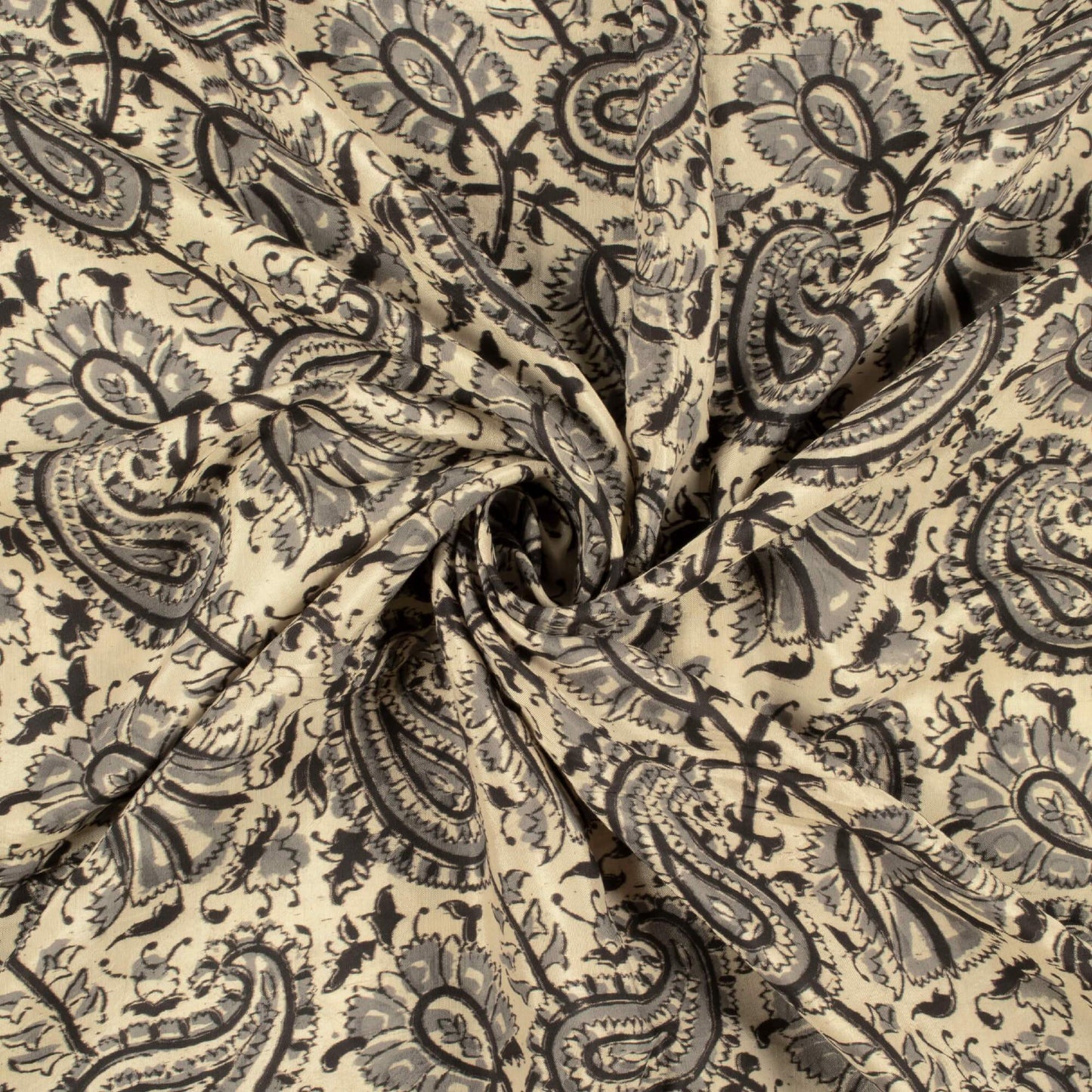 (Cut Piece 0.8 Mtr) Cream And Lava Grey Paisley Pattern Handblock Kalamkari Cotton Silk Fabric
