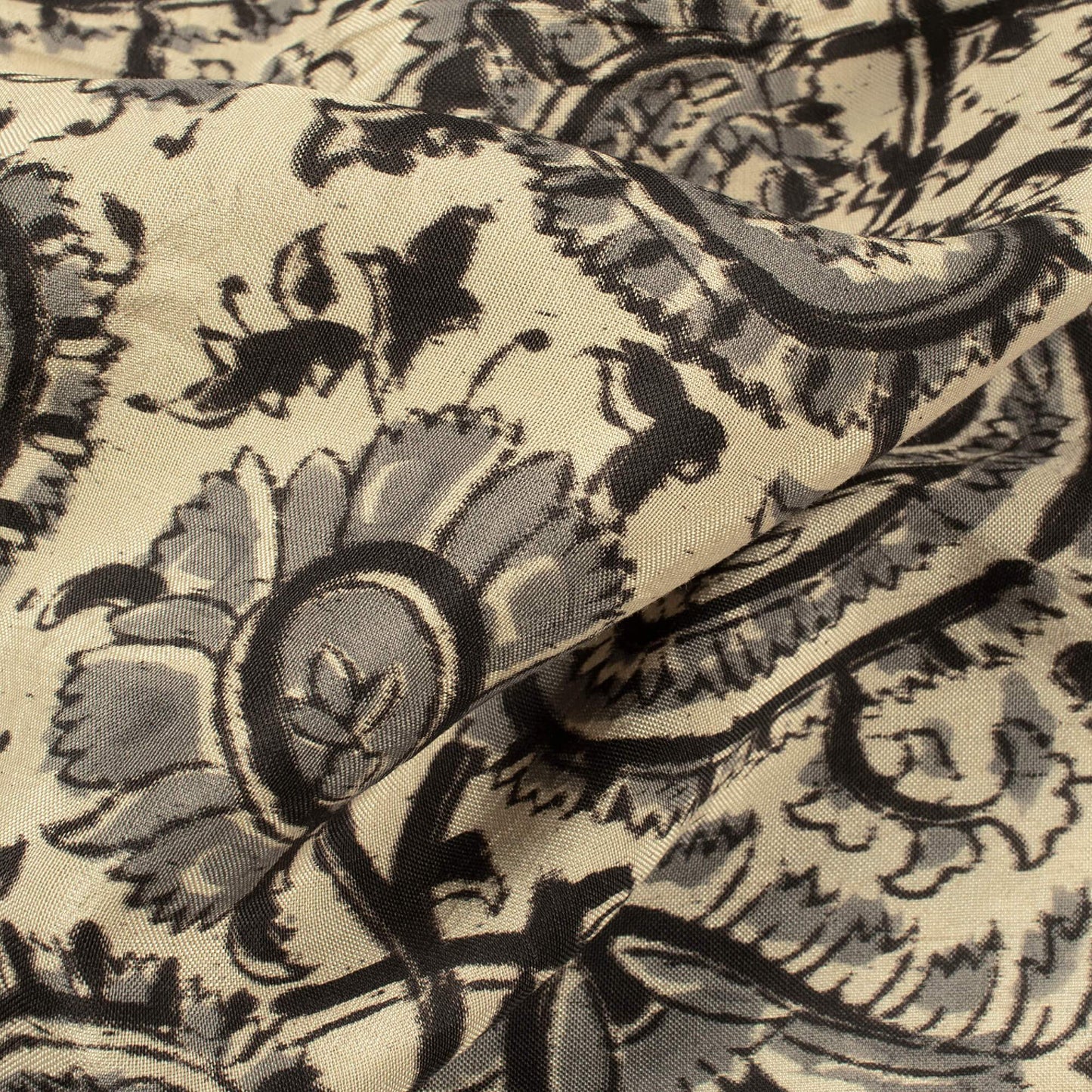 (Cut Piece 0.8 Mtr) Cream And Lava Grey Paisley Pattern Handblock Kalamkari Cotton Silk Fabric