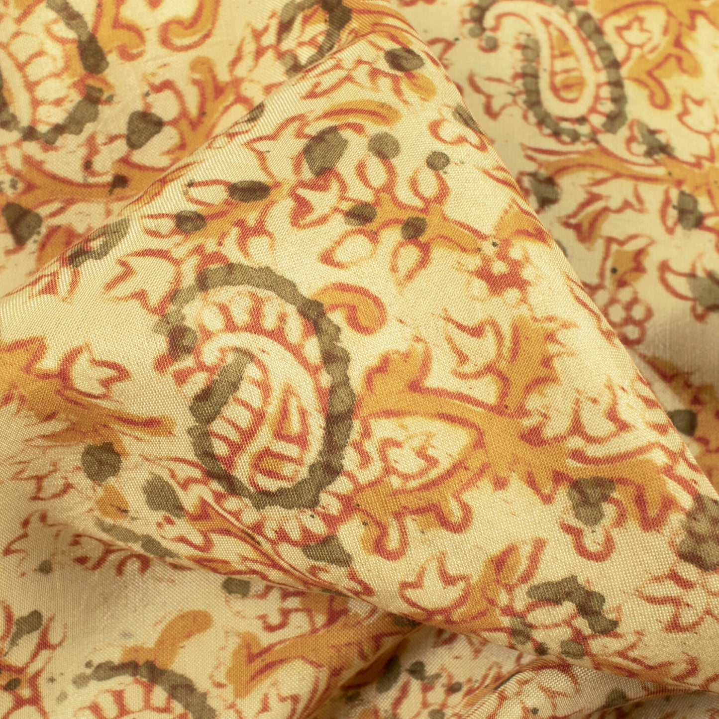 Cream And Ochre Yellow Paisley Pattern Handblock Kalamkari Cotton Silk Fabric