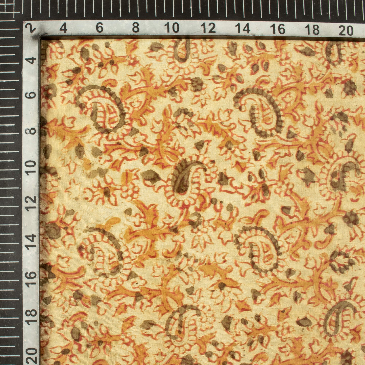 Cream And Ochre Yellow Paisley Pattern Handblock Kalamkari Cotton Silk Fabric