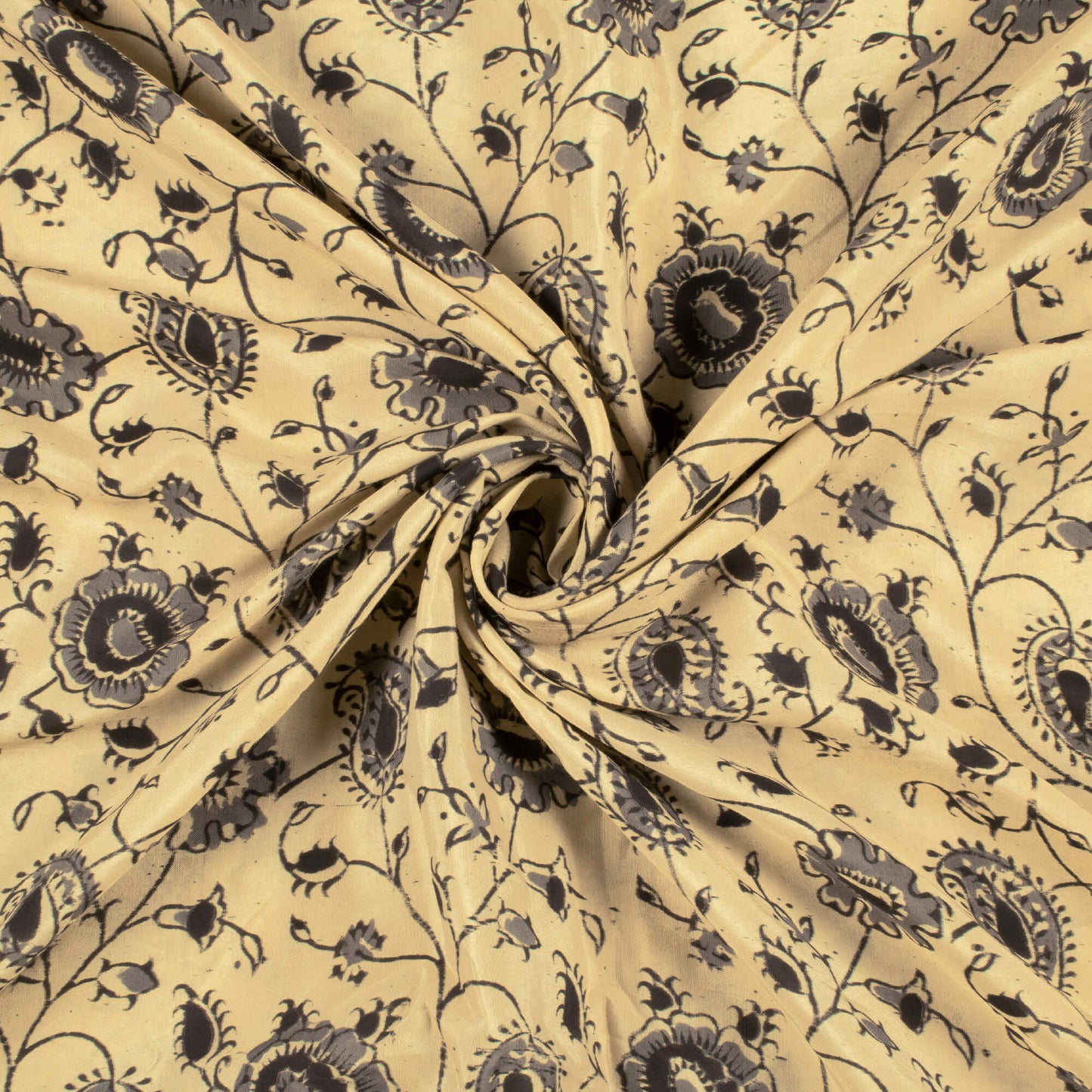 Cream And Lava Grey Paisley Pattern Handblock Kalamkari Cotton Silk Fabric