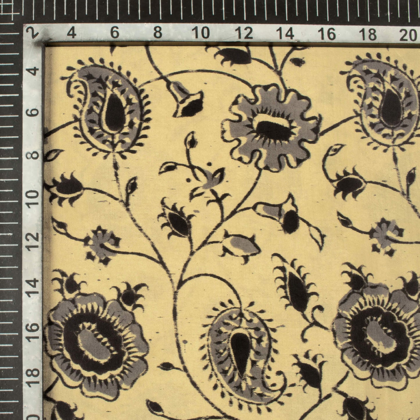 Cream And Lava Grey Paisley Pattern Handblock Kalamkari Cotton Silk Fabric