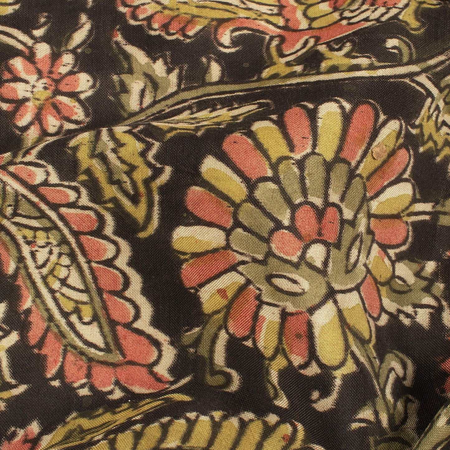 (Cut Piece 1.4 Mtr) Black And Brick Pink Floral Pattern Handblock Kalamkari Cotton Silk Fabric