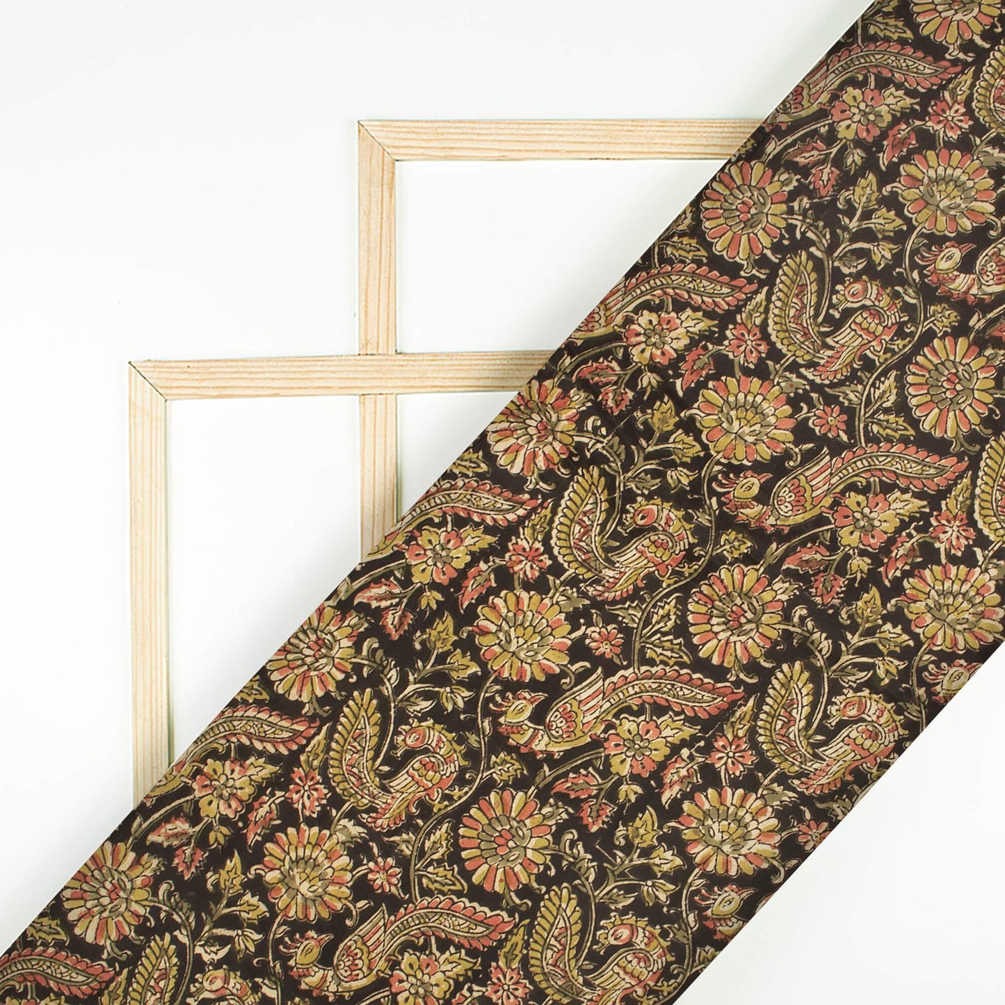 (Cut Piece 1.4 Mtr) Black And Brick Pink Floral Pattern Handblock Kalamkari Cotton Silk Fabric