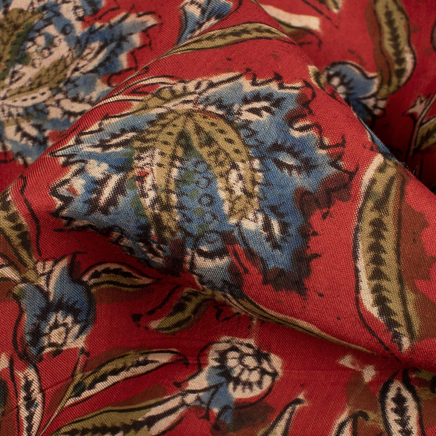 (Cut Piece 0.8 Mtr) Blood Red And Aegean Blue Floral Pattern Handblock Kalamkari Cotton Silk Fabric