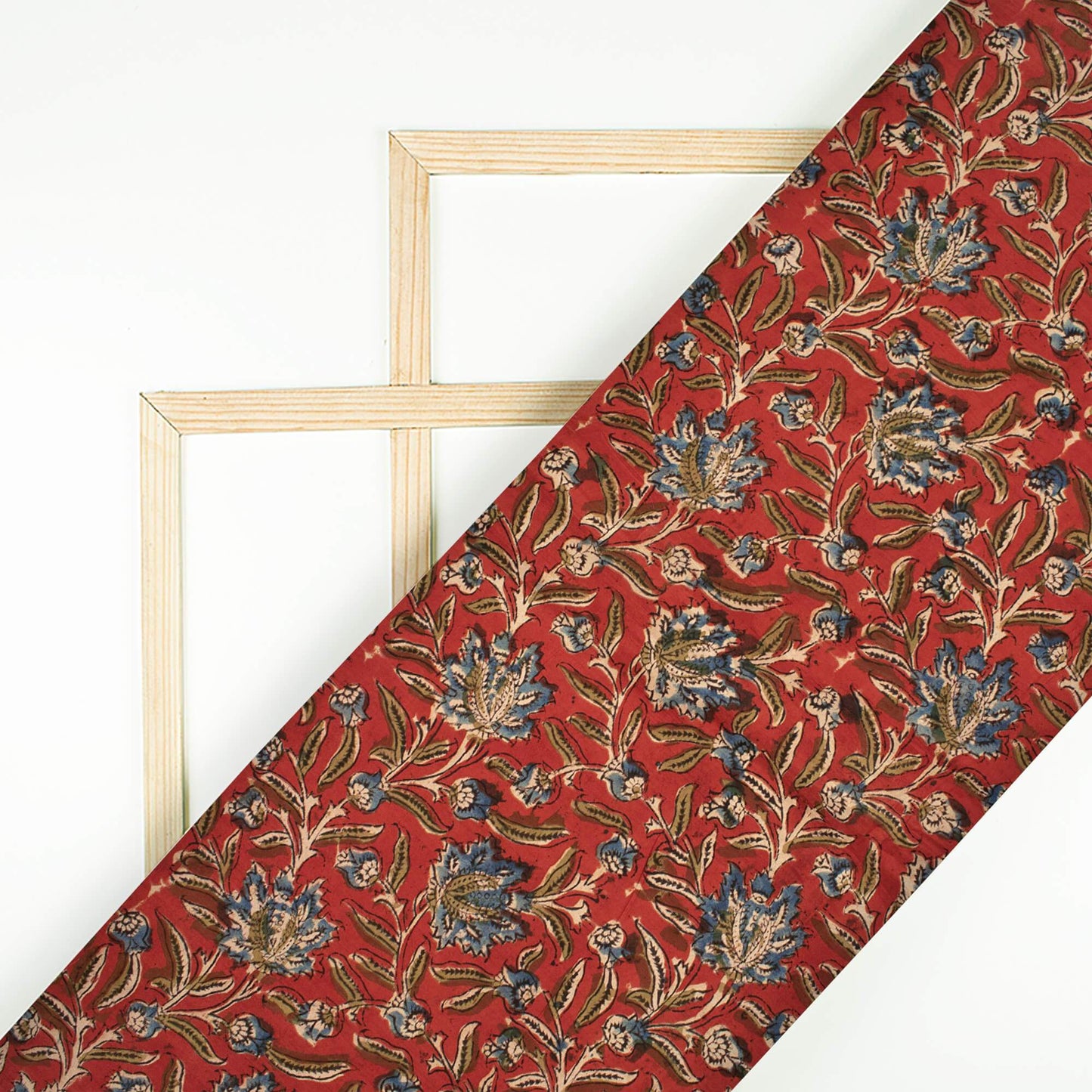 (Cut Piece 0.8 Mtr) Blood Red And Aegean Blue Floral Pattern Handblock Kalamkari Cotton Silk Fabric