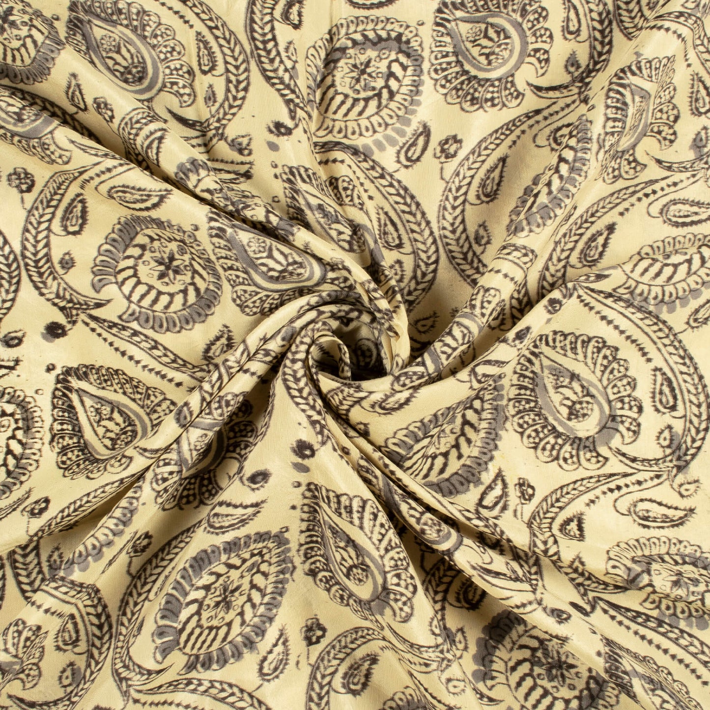 Cream And Lava Grey Floral Pattern Handblock Kalamkari Cotton Silk Fabric