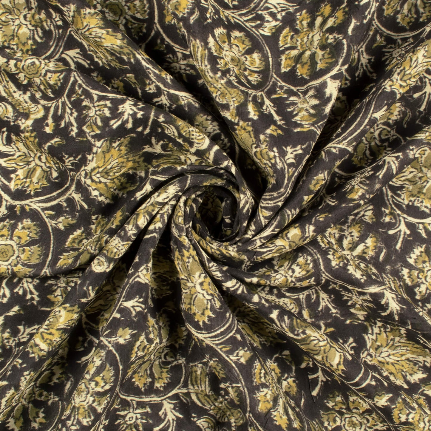 Black And Moss Green Floral Pattern Handblock Kalamkari Cotton Silk Fabric