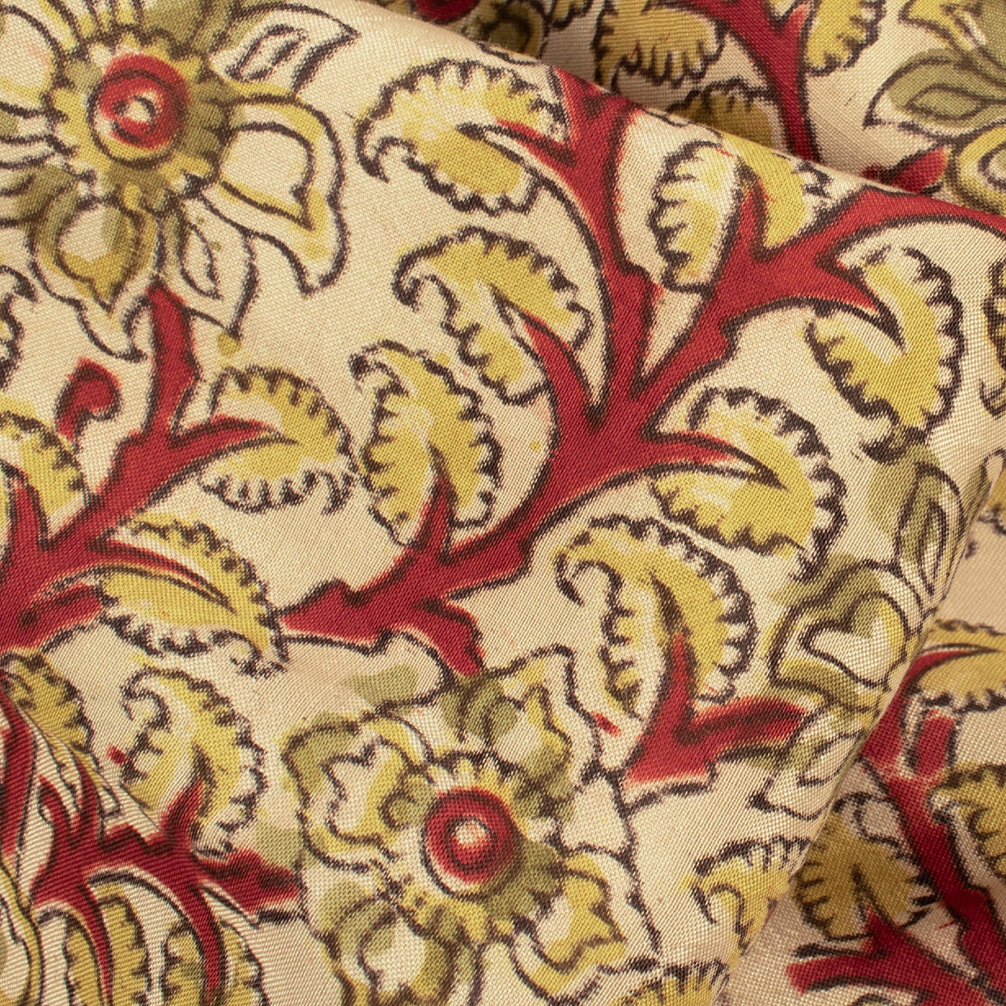 Cream And Blood Red Floral Pattern Handblock Kalamkari Cotton Silk Fabric