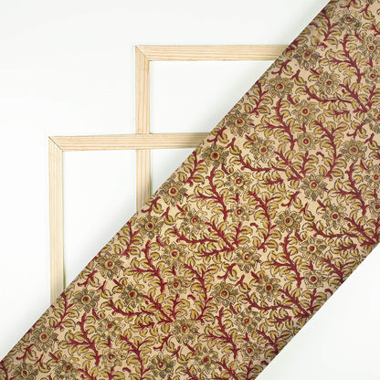 Cream And Blood Red Floral Pattern Handblock Kalamkari Cotton Silk Fabric