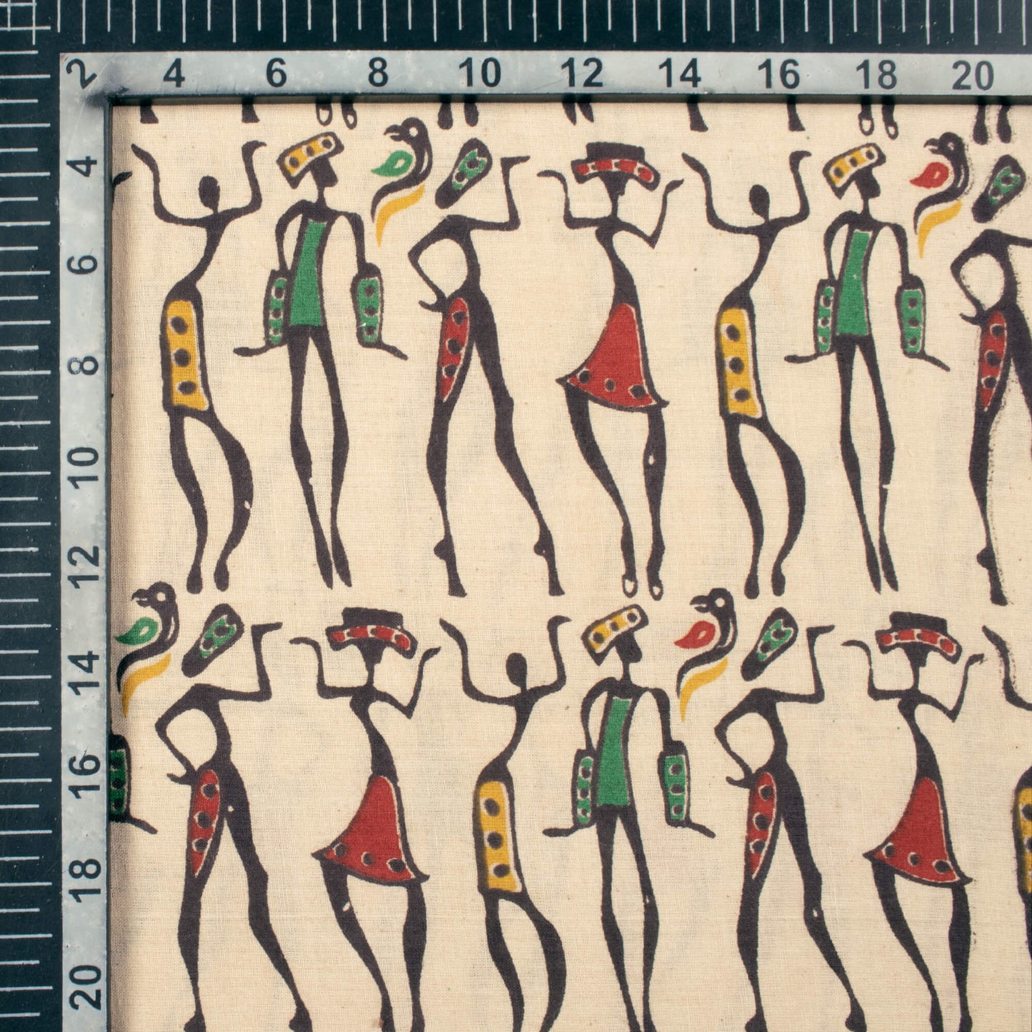 Oat Beige And Red Egyptian Pattern Printed Kalamkari Cotton Fabric