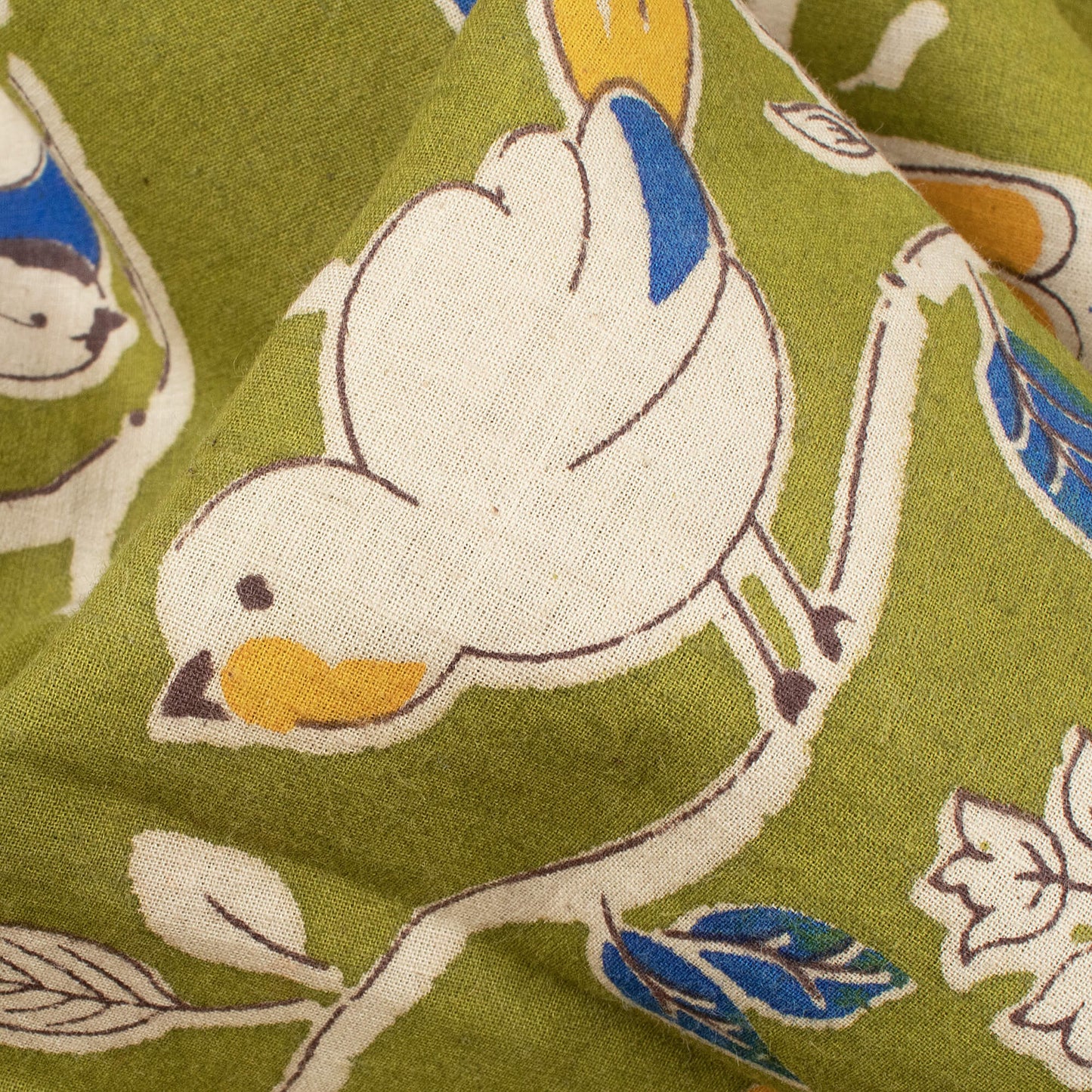 Venom Green And Cobalt Blue Bird Pattern Printed Kalamkari Cotton Fabric
