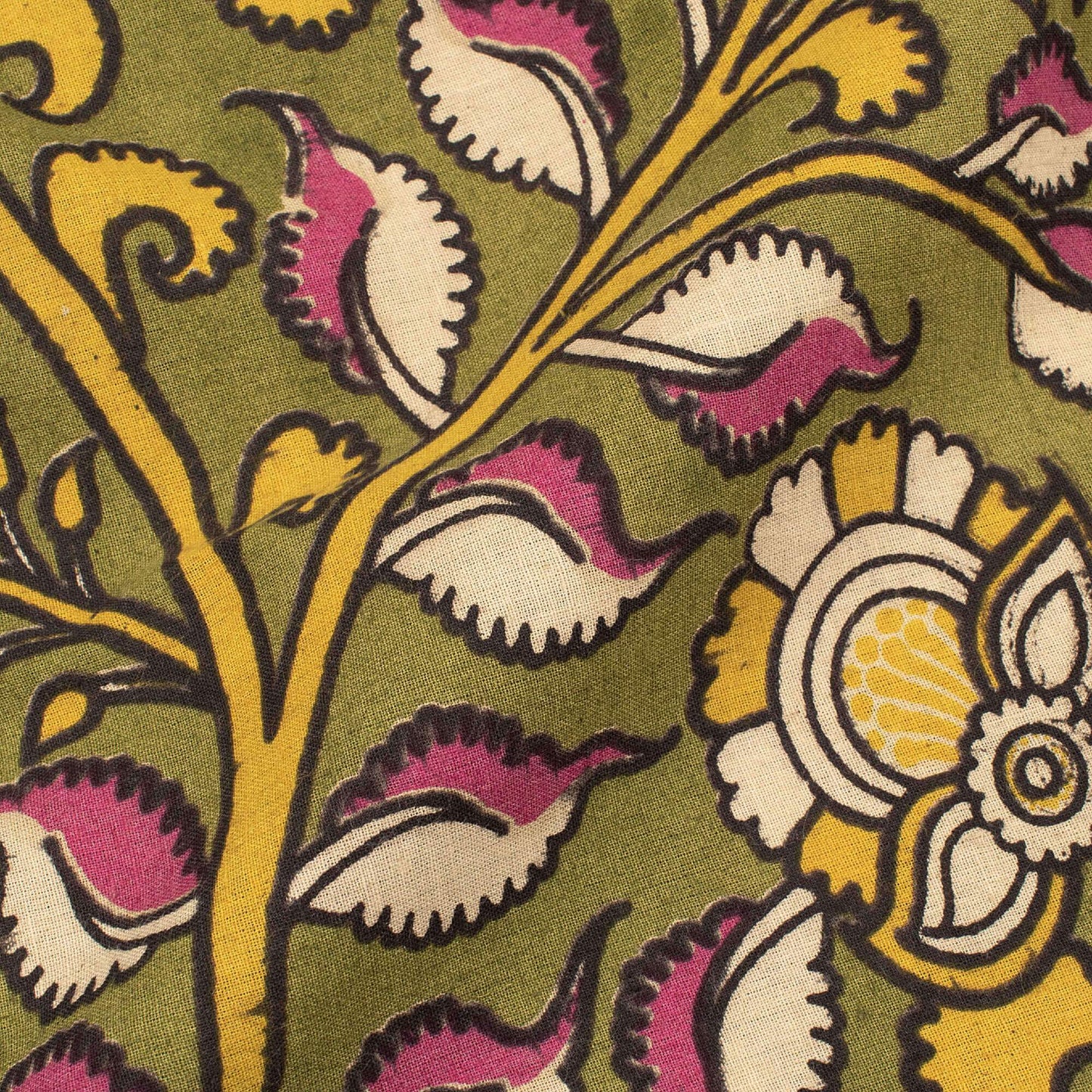 (Cut Piece 1.7 Mtr) Pickle Green And Ultra Pink Floral Pattern Printed Kalamkari Cotton Fabric