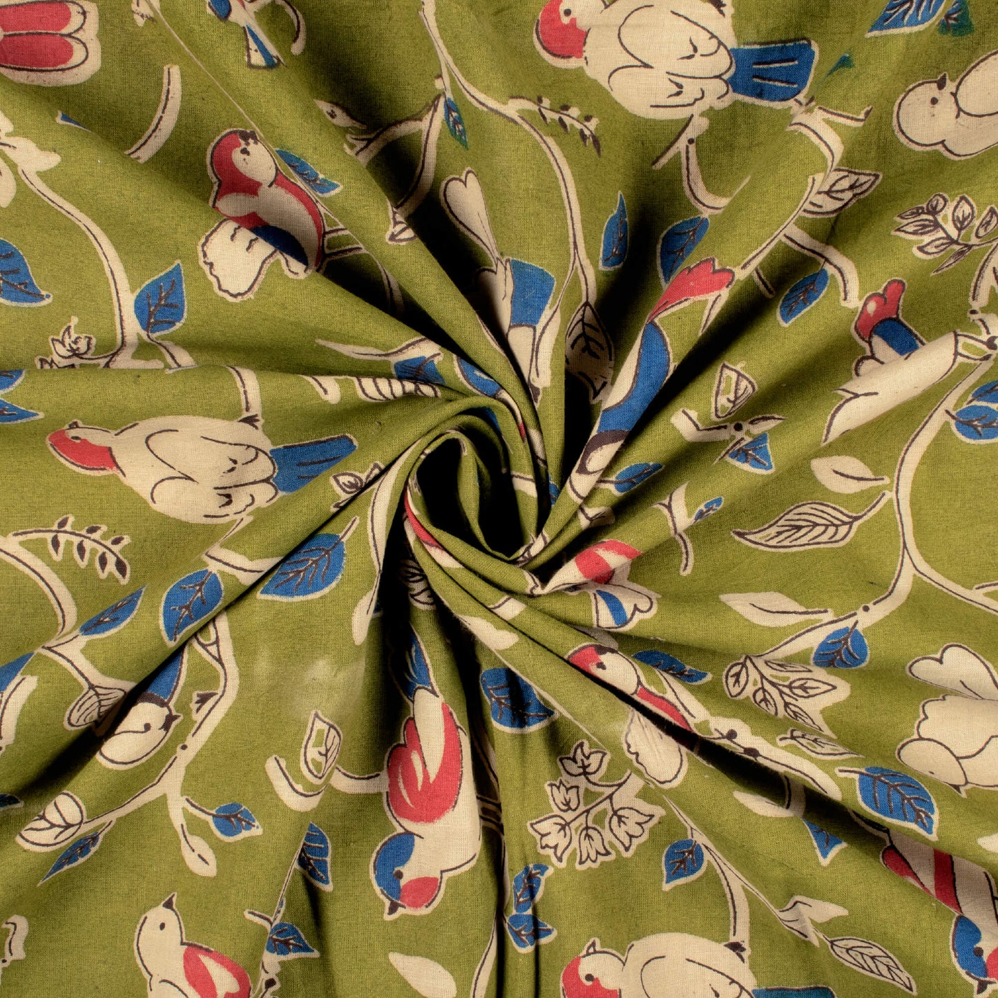 Venom Green And Punch Pink Bird Pattern Printed Kalamkari Cotton Fabric