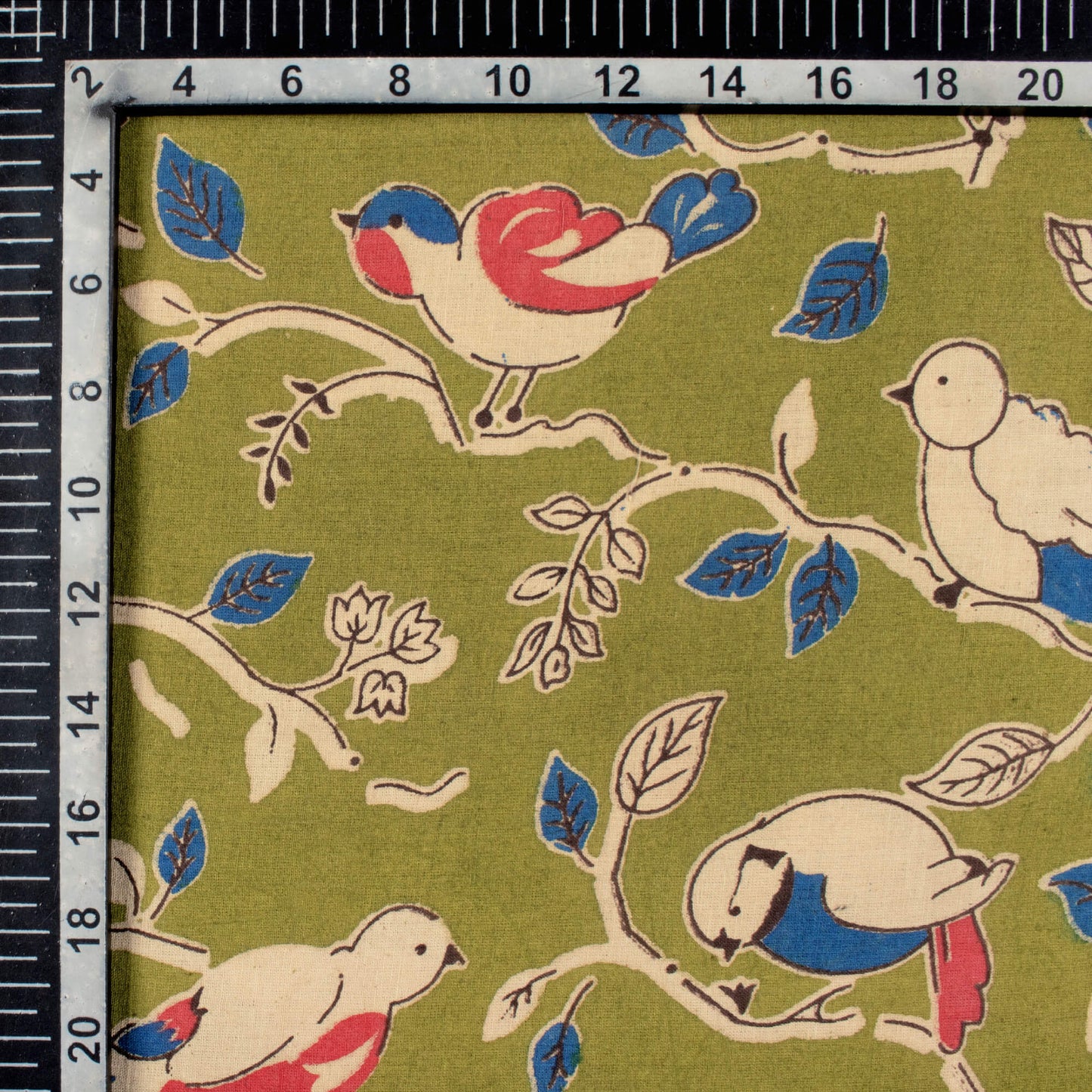 Venom Green And Punch Pink Bird Pattern Printed Kalamkari Cotton Fabric