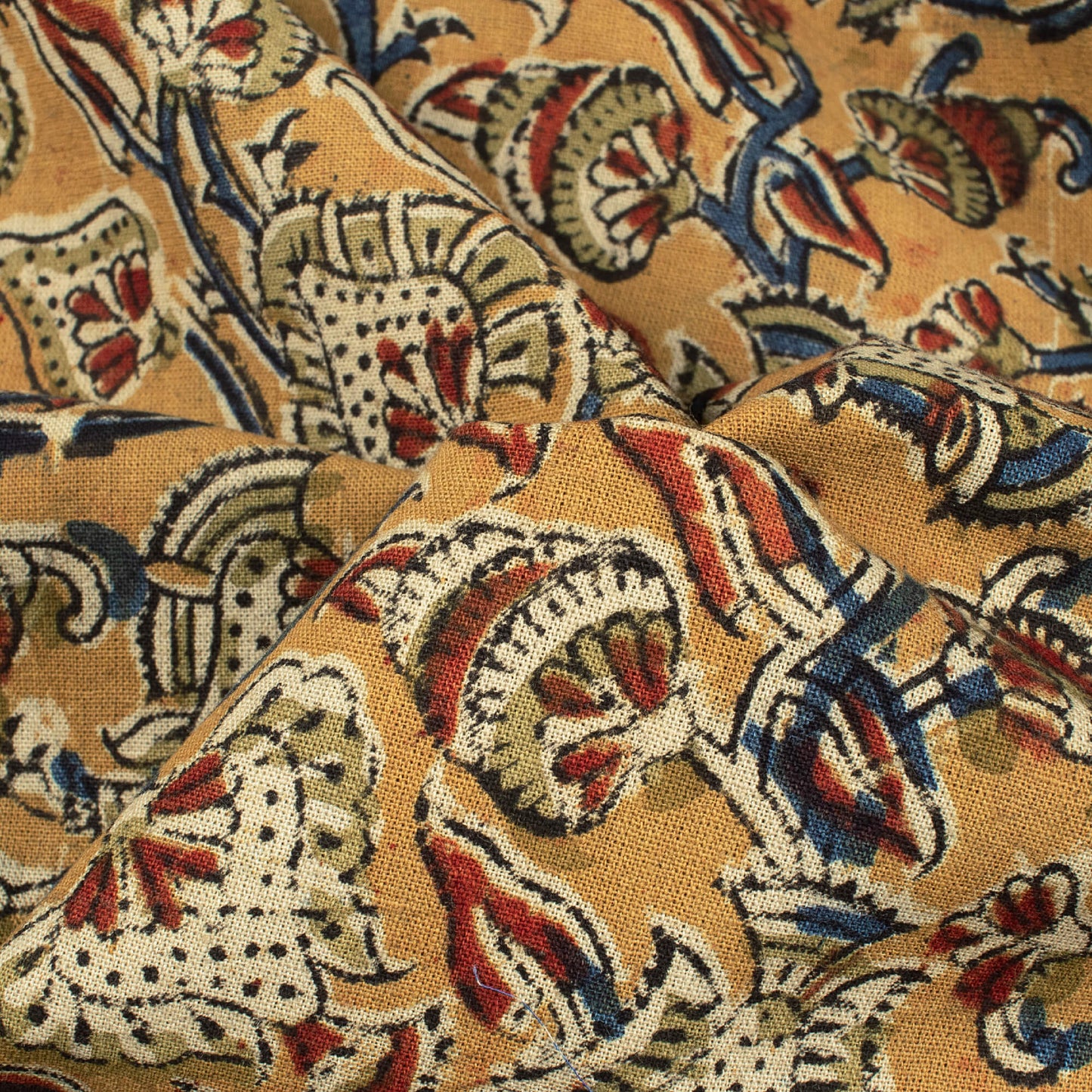Mustard Yellow And Azure Blue Floral Pattern Handblock Kalamkari Cotton Fabric