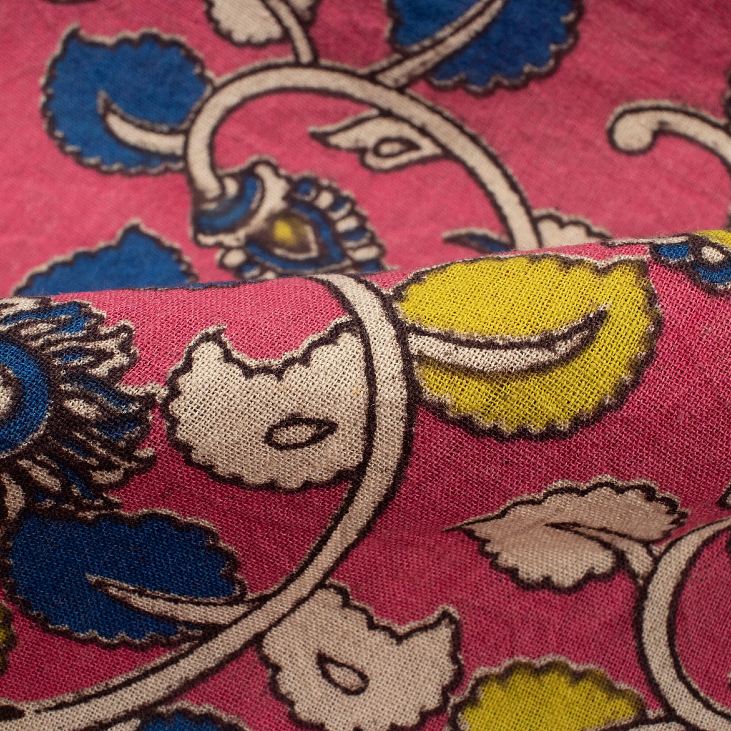 Punch Pink And Navy Blue Leaf Pattern Printed Kalamkari Cotton Fabric