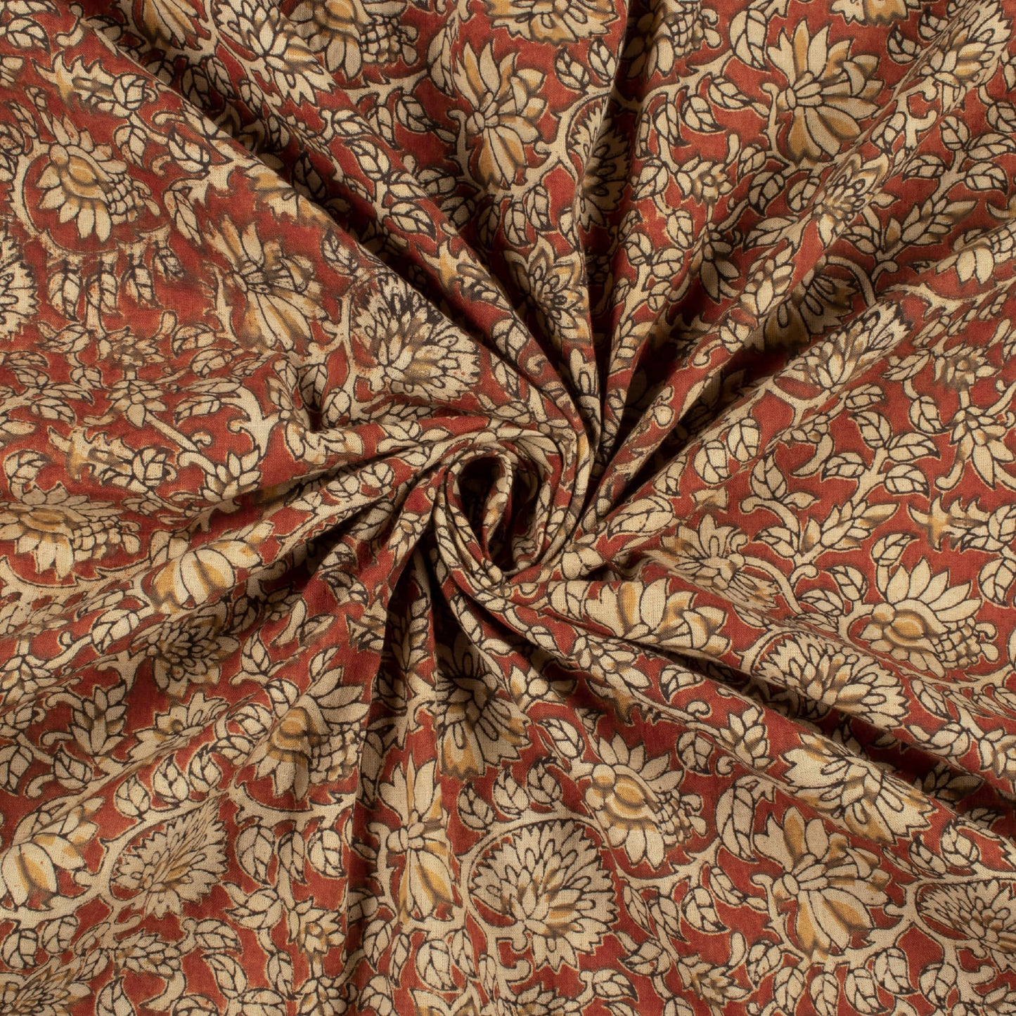 Brick Red And Beige Floral Pattern Printed Kalamkari Cotton Fabric