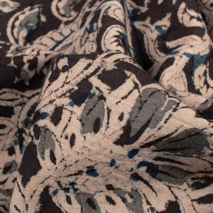Black And Pastel Beige loral Pattern Handblock Kalamkari Cotton Fabric