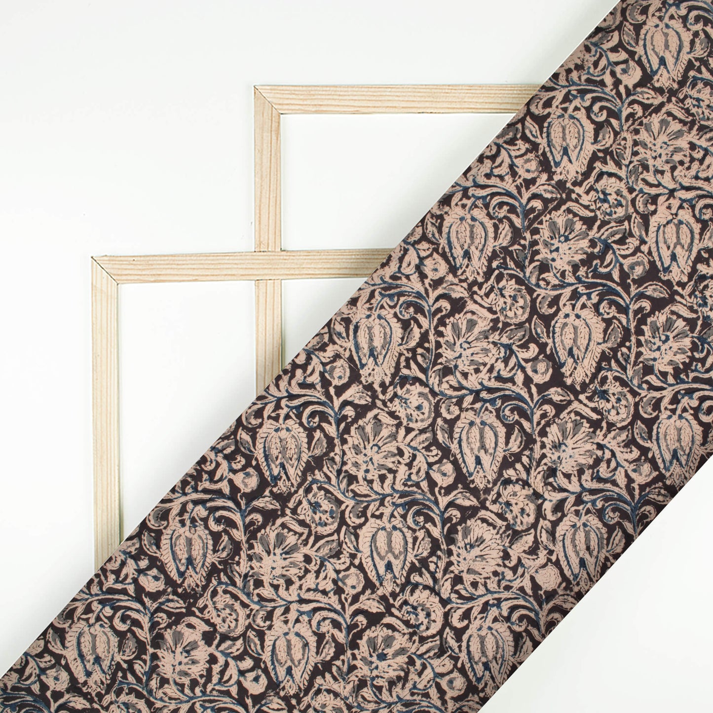 Black And Pastel Beige loral Pattern Handblock Kalamkari Cotton Fabric