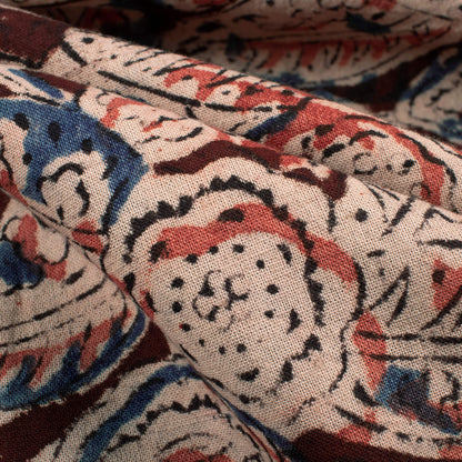 Pastel Beige And Dusty Red Paisley Pattern Handblock Kalamkari Cotton Fabric