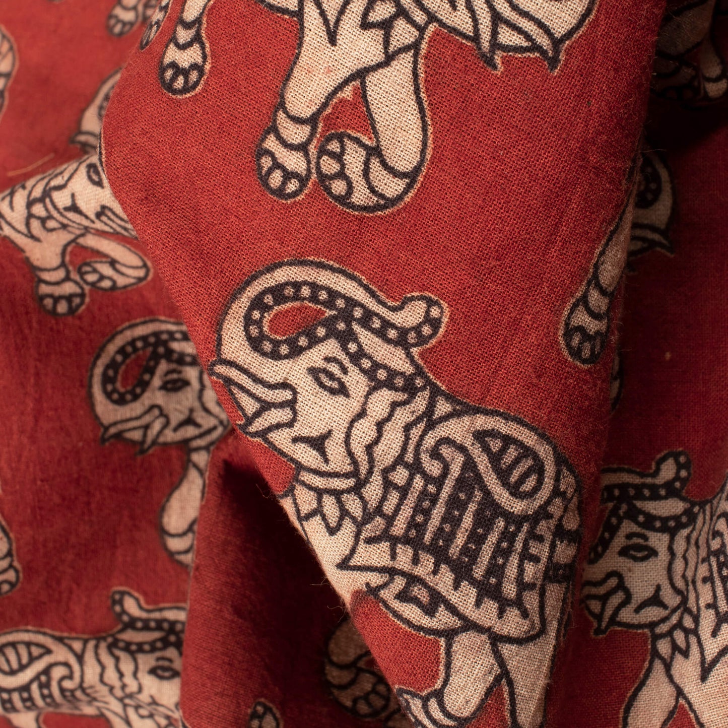 Merlot Red And Off White Animal Pattern Printed Kalamkari Cotton Fabric