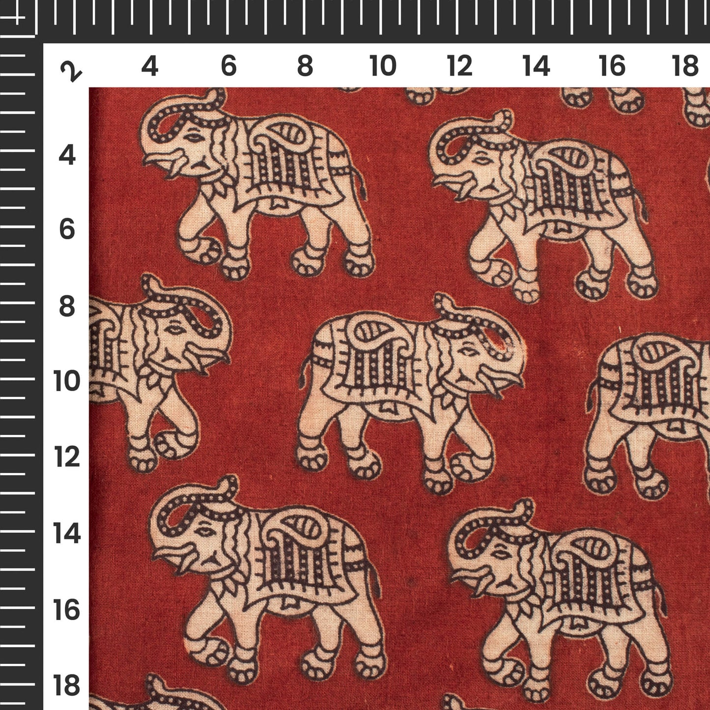 Merlot Red And Off White Animal Pattern Printed Kalamkari Cotton Fabric