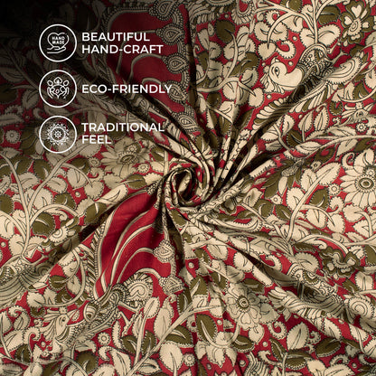 Burgundy Red And Oyster Beige Floral Pattern Printed Kalamkari Cotton Fabric