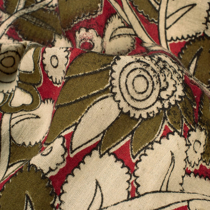 Burgundy Red And Oyster Beige Floral Pattern Printed Kalamkari Cotton Fabric