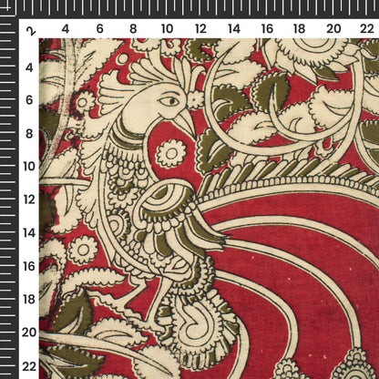 Burgundy Red And Oyster Beige Floral Pattern Printed Kalamkari Cotton Fabric