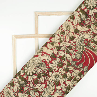 Burgundy Red And Oyster Beige Floral Pattern Printed Kalamkari Cotton Fabric