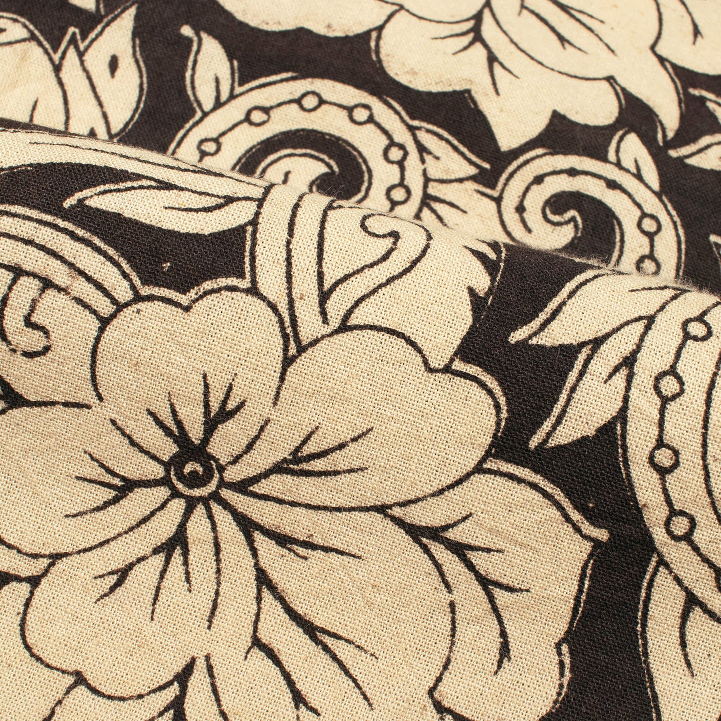 Black And Linen Beige Floral Pattern Printed Kalamkari Cotton Fabric