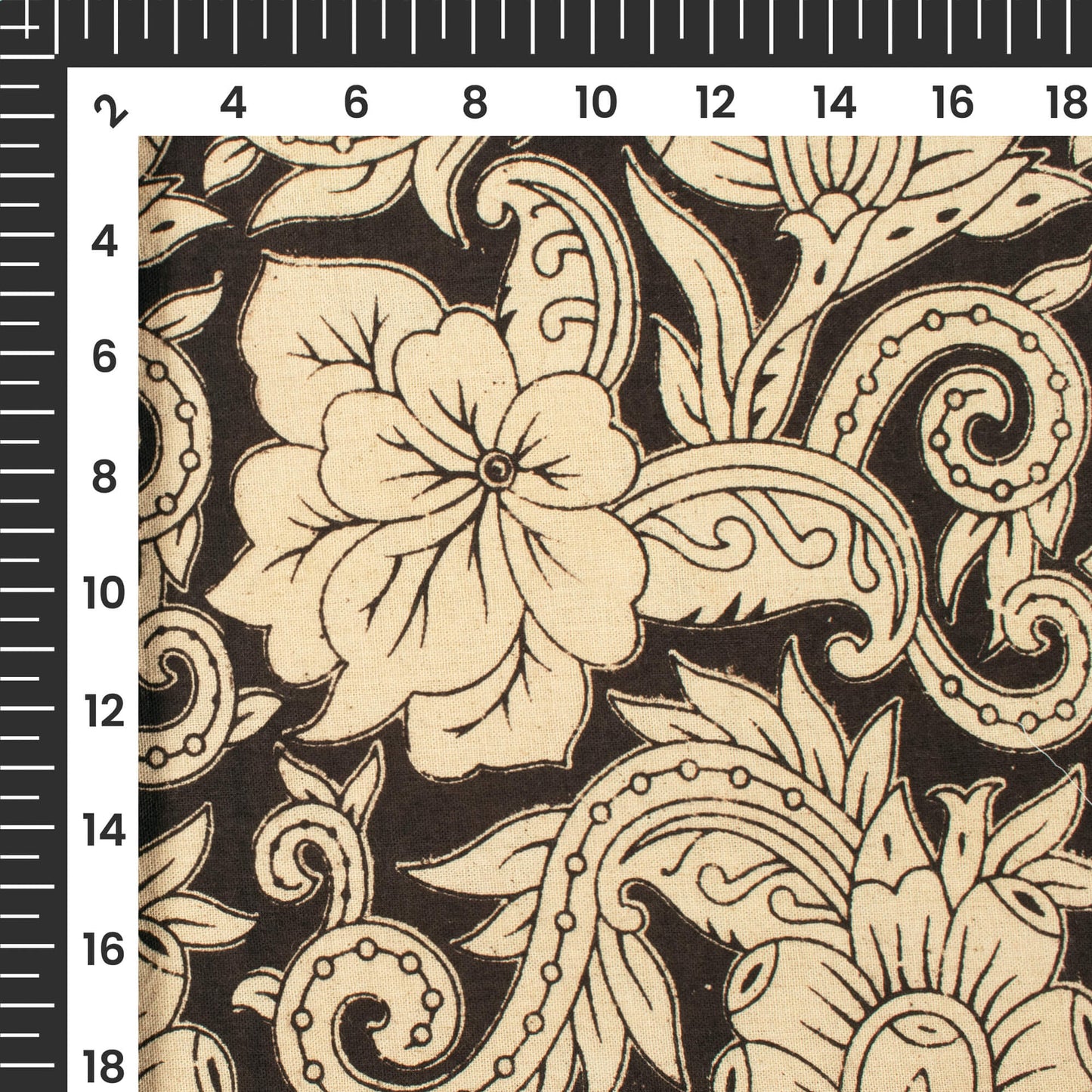 Black And Linen Beige Floral Pattern Printed Kalamkari Cotton Fabric