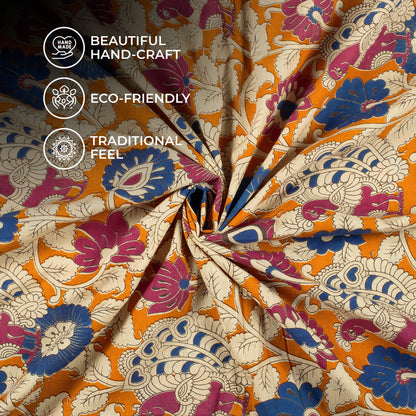 Bronze Orange And Navy Blue Floral Pattern Printed Kalamkari Cotton Fabric