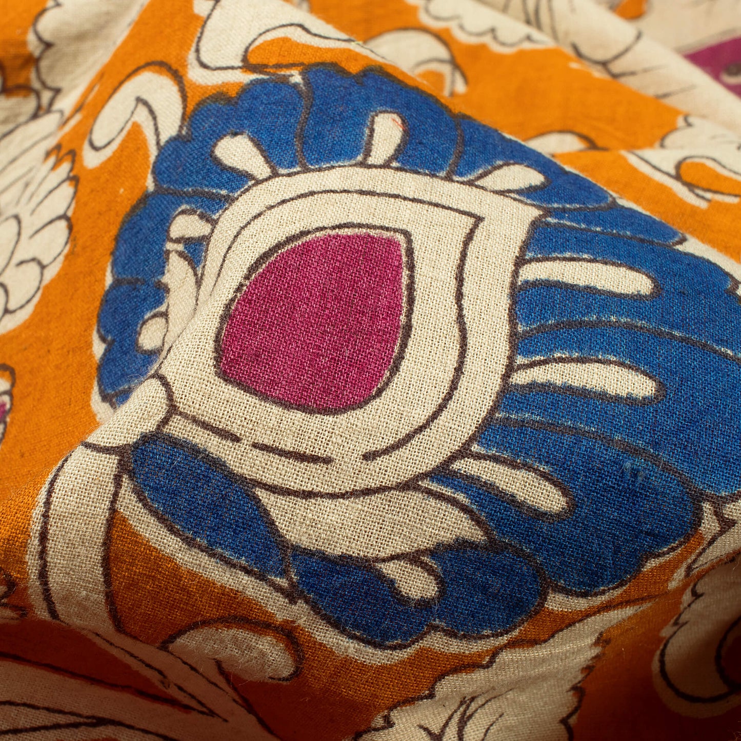 Bronze Orange And Navy Blue Floral Pattern Printed Kalamkari Cotton Fabric