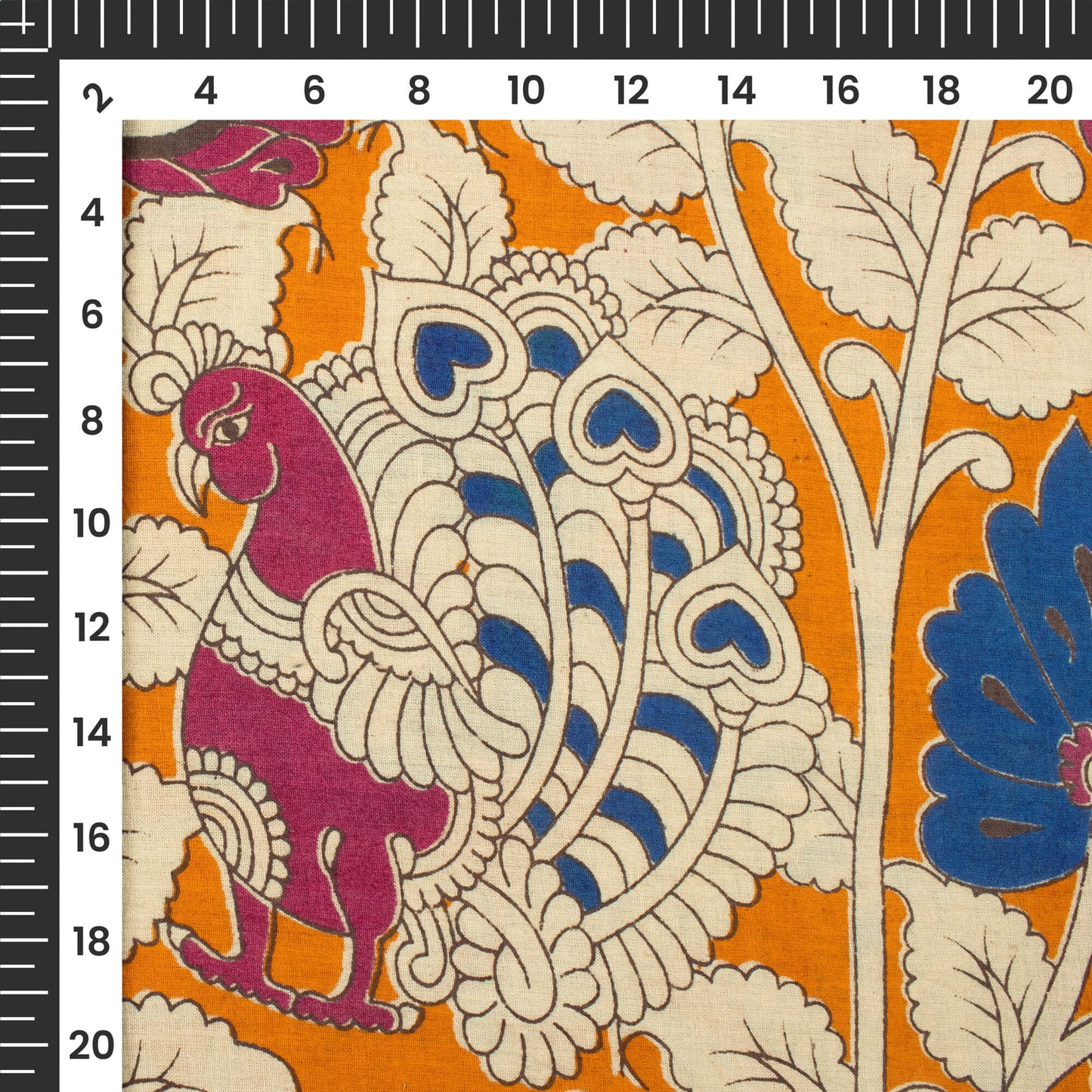 Bronze Orange And Navy Blue Floral Pattern Printed Kalamkari Cotton Fabric