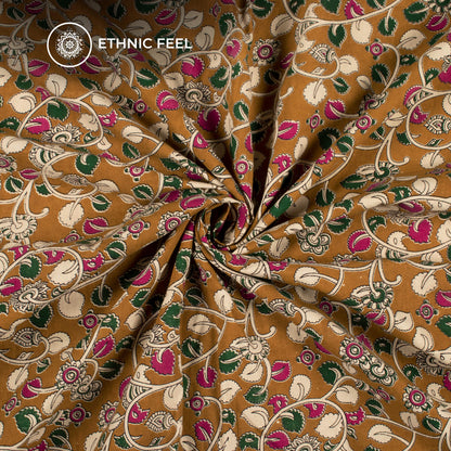 Turmeric Yellow And Beige Floral Pattern Kalamkari Cotton Fabric
