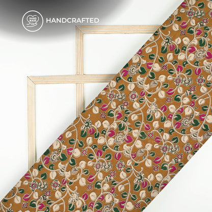 Turmeric Yellow And Beige Floral Pattern Kalamkari Cotton Fabric