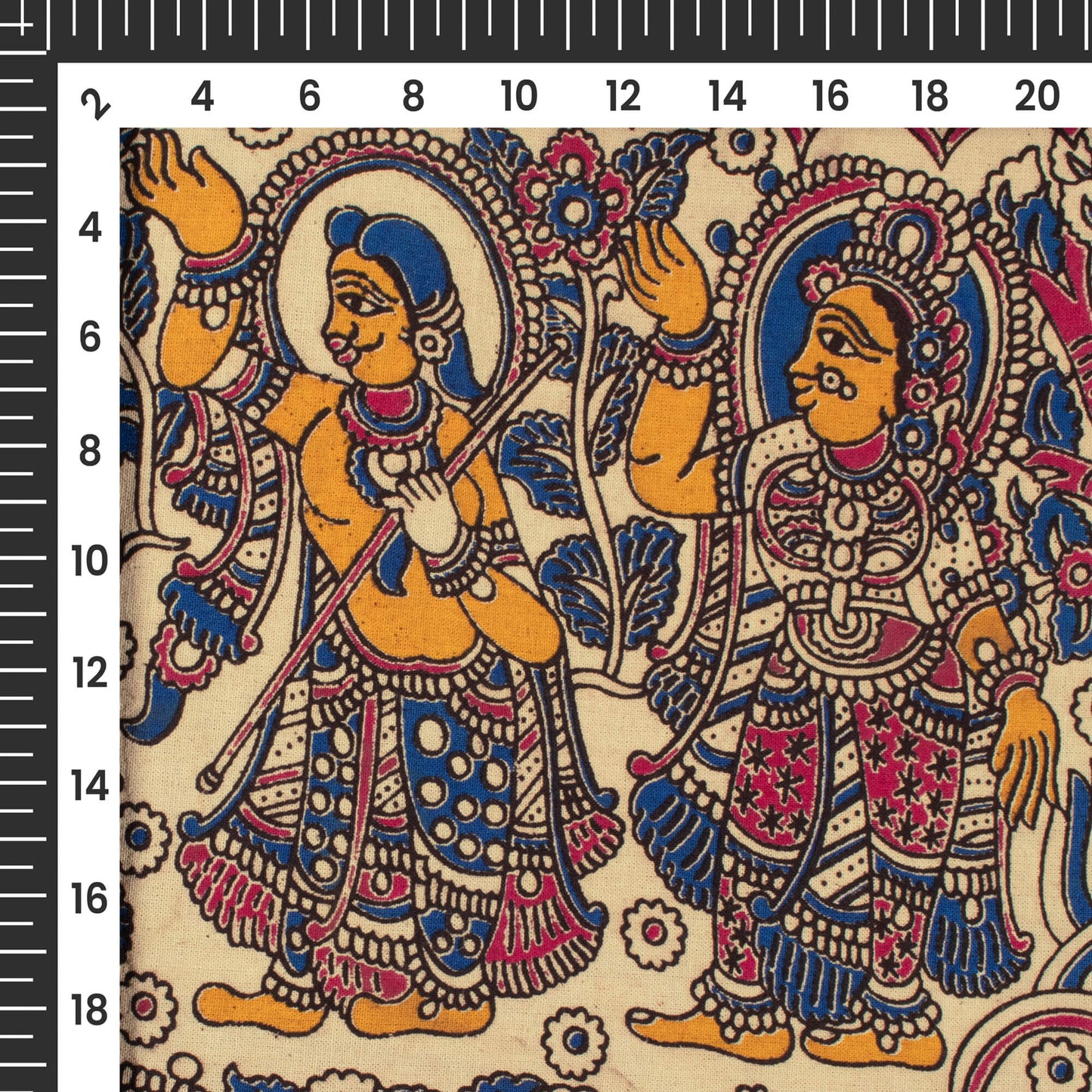 Beige And Blue Quirky Pattern Kalamkari Cotton Fabric