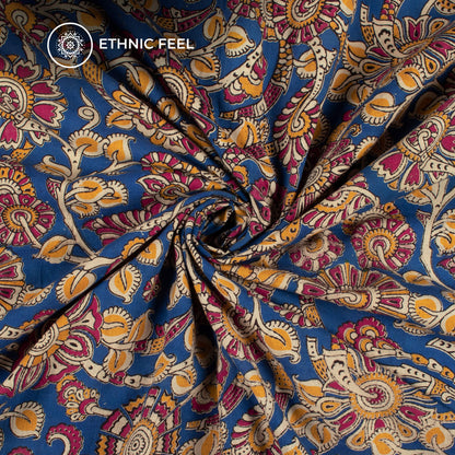 Royal Blue And Pink Floral Pattern Kalamkari Cotton Fabric