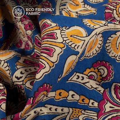 Royal Blue And Pink Floral Pattern Kalamkari Cotton Fabric