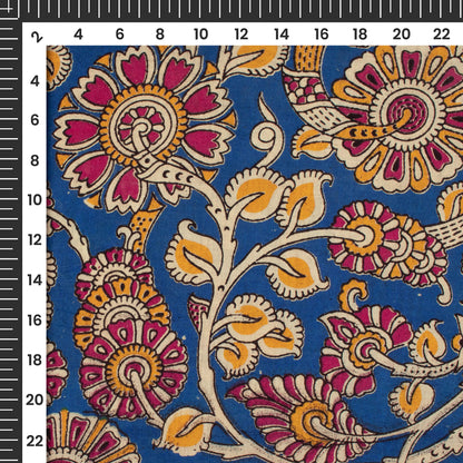 Royal Blue And Pink Floral Pattern Kalamkari Cotton Fabric
